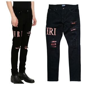 Amiri Mens Waxed Logo-Appliqué Skinny Jeans Black Pink W34 L31